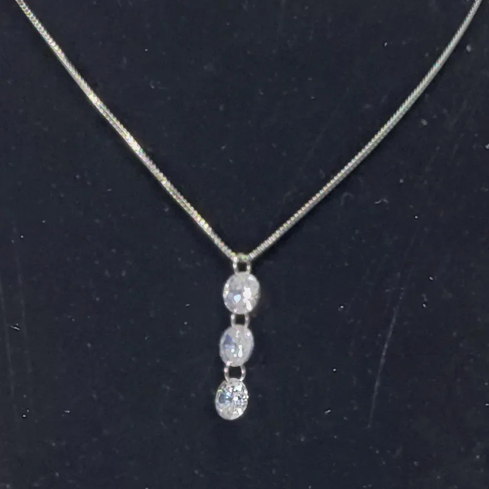 Necklace - Swarovski Crystal  - Triple Stones Drop Pendant, Rhodium Overlay, 18" - Picture 7 of 13